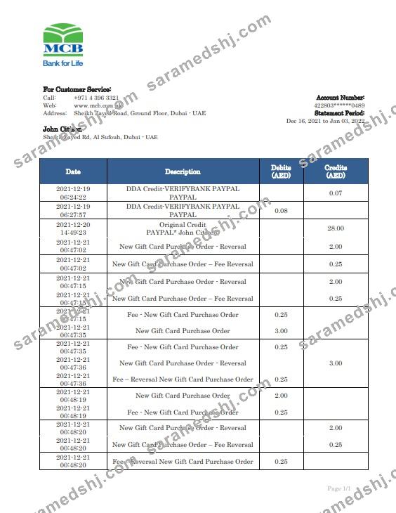 United Arab Emirates MCB bank statement template in Word and PDF format